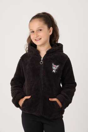 Kuromi Nakışlı Kız Peluş Mont - 3-12 Yaş - Siyah